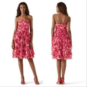 White House Black Market Women’s Red Floral Ruffle Holiday Midi Dress Strapless